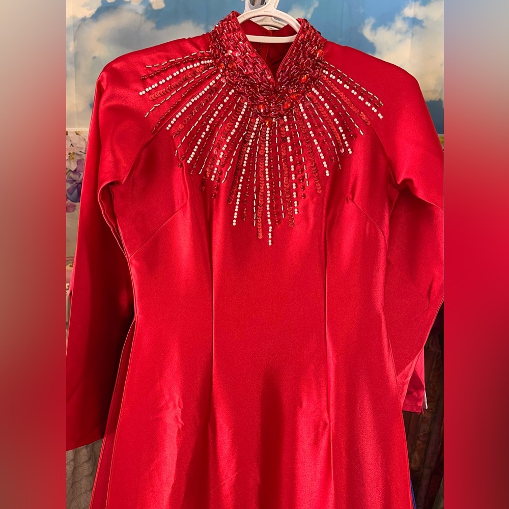 Ao dai lua Valentino, New Vietnamese traditional long dress top 🎁 her m 2 red do